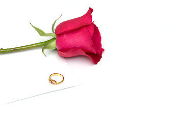 Image showing card, ring and rose  a conept of valentine and engagement