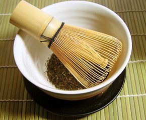 Image showing Tea Bowl And Traditional Bamboo Whisk