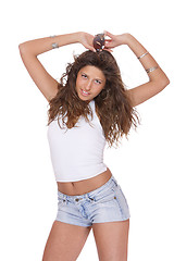 Image showing young woman in jeans shorts
