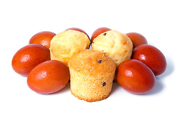 Image showing Russian Easter food colored eggs and cakes