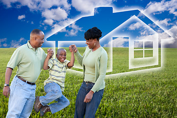 Image showing Family Over Grass Field, Clouds, Sky and House Icon