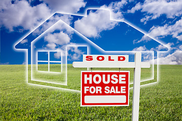 Image showing Sold For Sale Sign Over Clouds, Grass, Sky and House Icon.