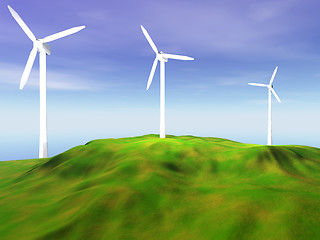 Image showing Wind turbines on green hill