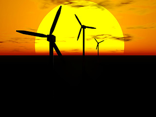 Image showing Wind turbines and sun
