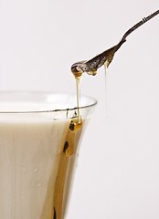 Image showing Honey poured into milk with spoon