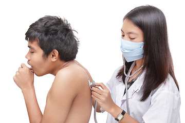 Image showing Doctor diagnosing coughing patient