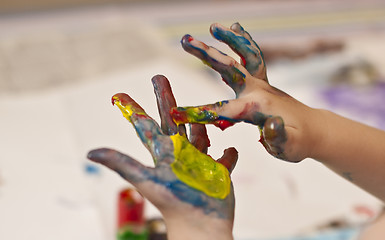 Image showing Little Children Hands doing Fingerpainting