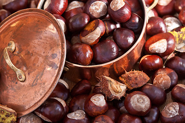 Image showing Chestnuts and copper kettle, autumn concept image