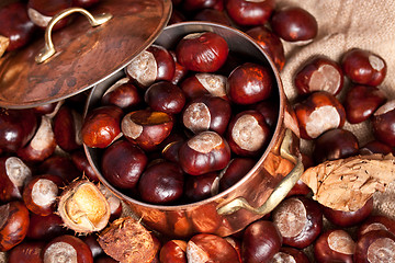 Image showing Chestnuts and copper kettle, autumn concept image