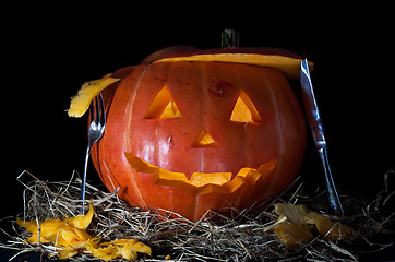Image showing Halloween Pumpkin, inside lit by light, creepy looking

