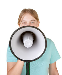 Image showing teenage girl talking into megaphone