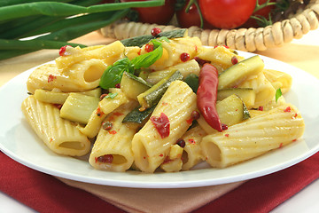 Image showing Tortiglione with fiery chili zucchini