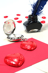 Image showing Red hearts with pen and ink, and Clock