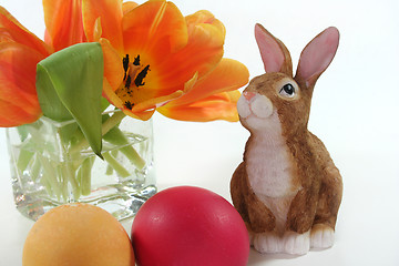 Image showing Easter bunny with Easter eggs and tulips