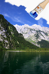 Image showing Painting summer mountain and lake landscape