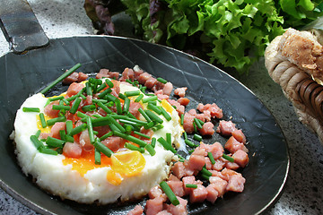 Image showing Fried eggs with ham