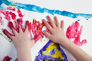 Image showing Little Children Hands doing Fingerpainting