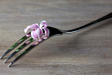 Image showing Steel Fork on wooden Table