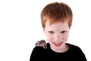 Image showing Cute boy with hamster on shoulder
