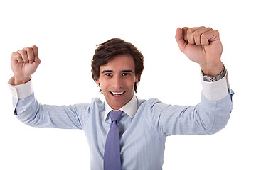 Image showing Portrait of a very happy  businessman with his arms raised