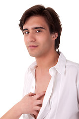 Image showing hand of a woman inside the shirt of a handsome young businessman