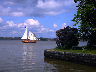 Image showing The ancient ship sailing in the sea