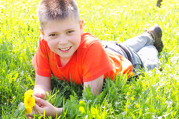 Image showing Smiling boy on meadow grass