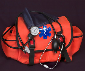 Image showing EMT - First aid bag with Life Star, stethoscope and blood pressure cuff