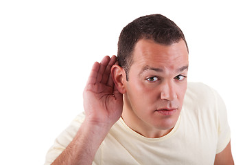 Image showing man, listening, viewing the  gesture of hand behind the ear, isolated on white background