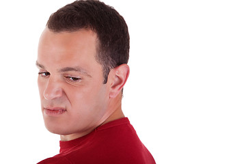 Image showing man to turn around, looking with contempt, isolated on white background. Studio shot