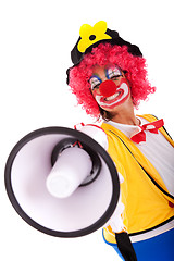 Image showing Funny clown with a megaphone