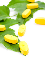 Image showing vitamin pills over green leaves 