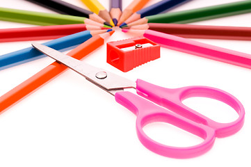 Image showing Multicolor pencils and red sharpener