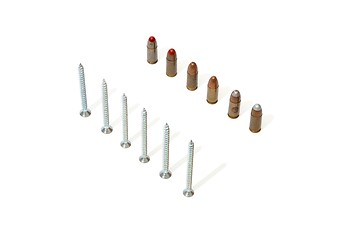 Image showing Row of 9mm Parabellum cartridges versus row of screws