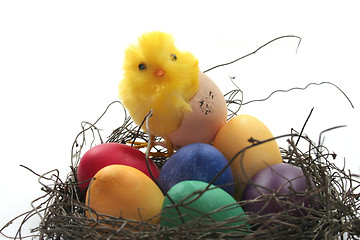 Image showing Easter basket with Easter eggs and chicks