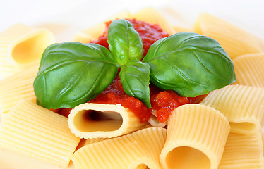 Image showing Pasta with basil and tomato sauce