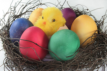 Image showing Easter basket with Easter eggs and chicks