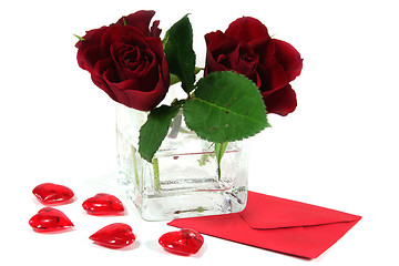 Image showing Letter with red roses and red hearts