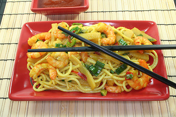 Image showing Pasta with asian shrimp