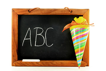 Image showing Blackboard with school cone