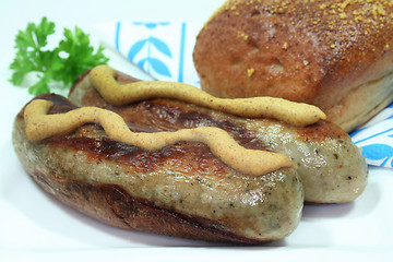 Image showing bratwurst with mustard and bread