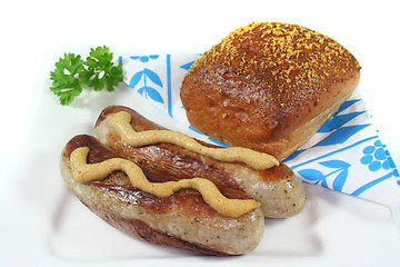 Image showing bratwurst with mustard and bread