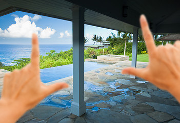 Image showing Hands Framing Breathtaking Hawaiian Ocean View Deck