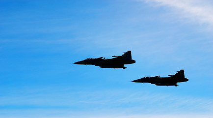 Image showing Two aircraft Jas 39 Gripen on blue sky