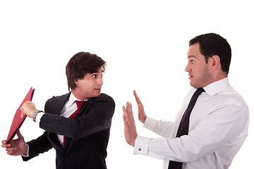 Image showing two businessmen discussing because of work, very stressed