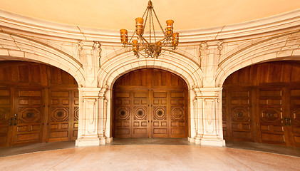 Image showing Majestic Classic Arched Doors with Chandelier,ÊFish-Eye