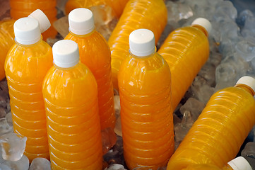 Image showing Bottles of Fresh Orange Juice on Ice