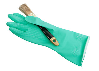 Image showing One green rubber glove and brush.