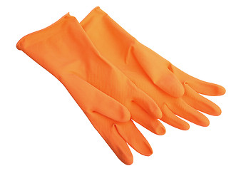 Image showing Two orange rubber gloves.