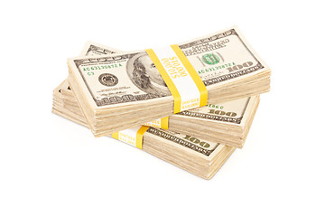 Image showing Stacks of One Hundred Dollar Bills Isolated